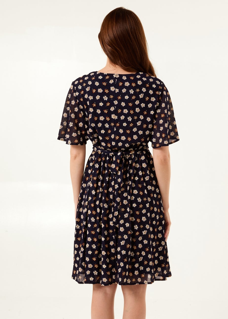 Blue Vanilla Navy V Neck Tie Back Flower Printed Mini Dress