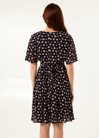 Blue Vanilla Navy V Neck Tie Back Flower Printed Mini Dress