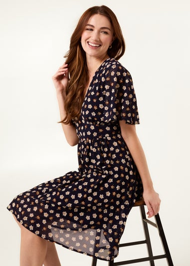Blue Vanilla Navy V Neck Tie Back Flower Printed Mini Dress