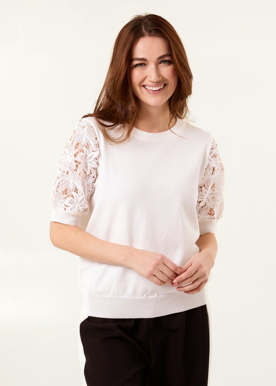 Blue Vanilla Ivory Embroidered Sleeve Top