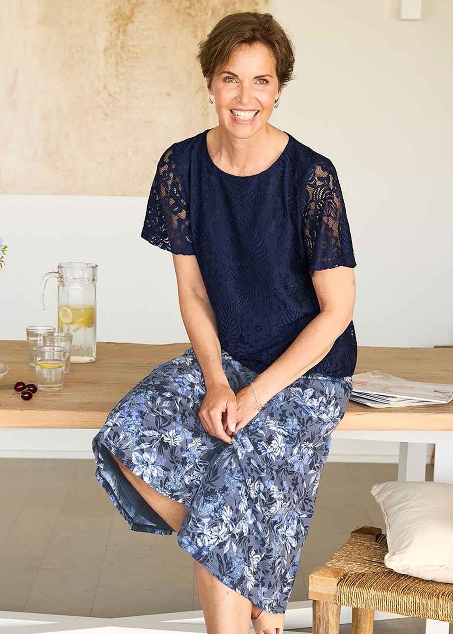 Cotton Traders Navy Stretch Lace Jersey Top