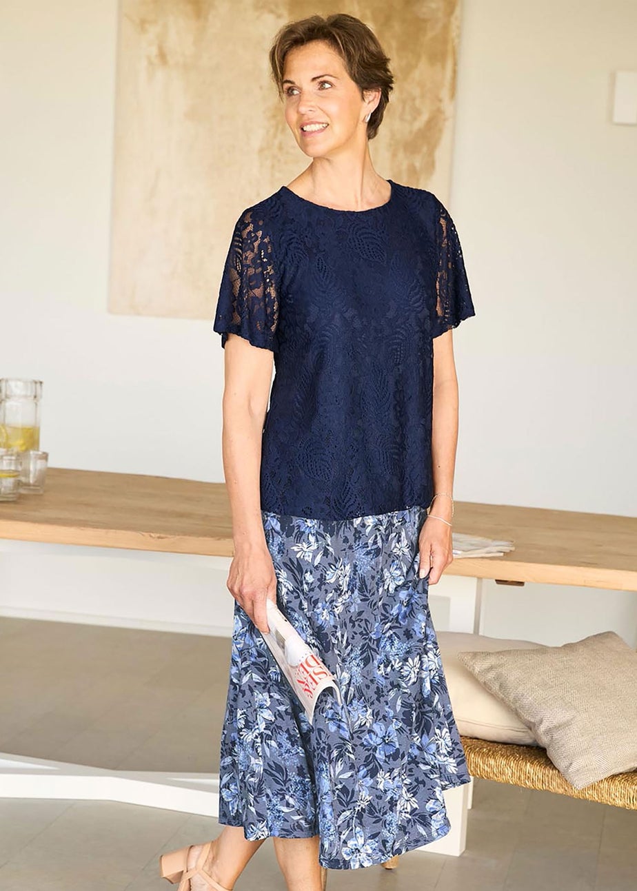 Cotton Traders Navy Stretch Lace Jersey Top