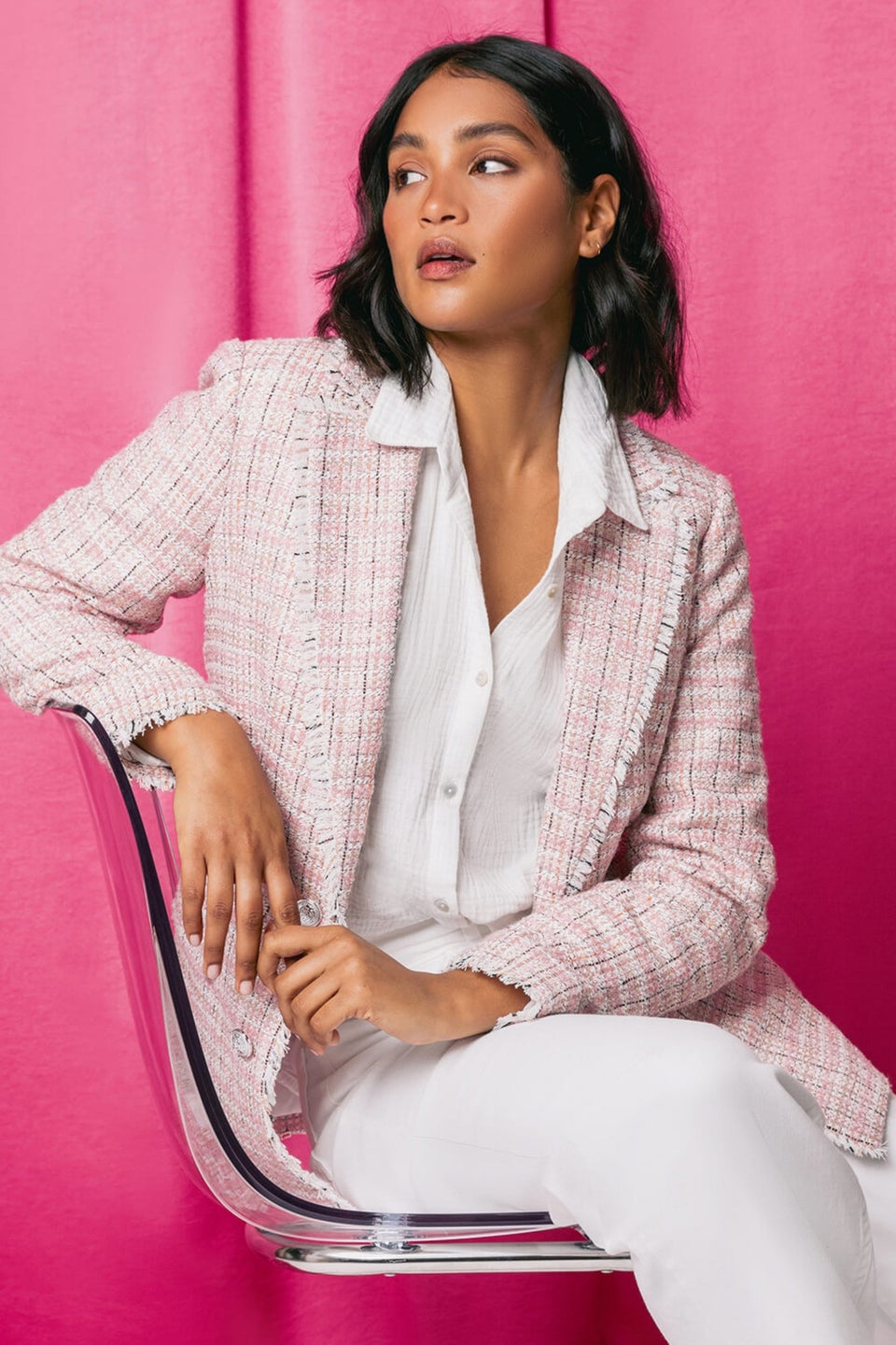 Roman Pink Frayed Edge Boucle Check Jacket