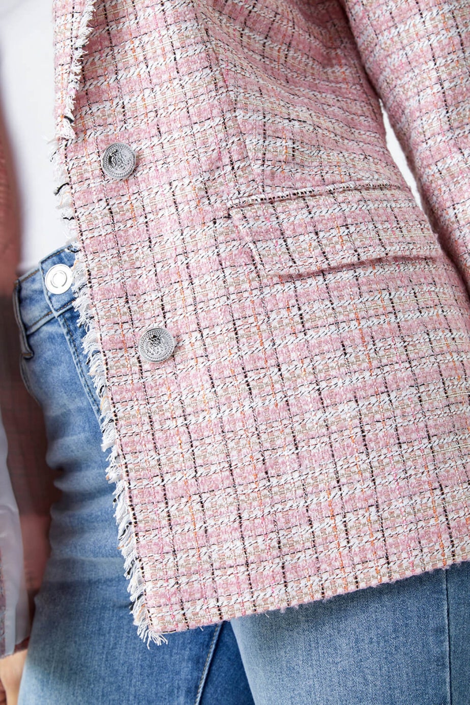 Roman Pink Frayed Edge Boucle Check Jacket