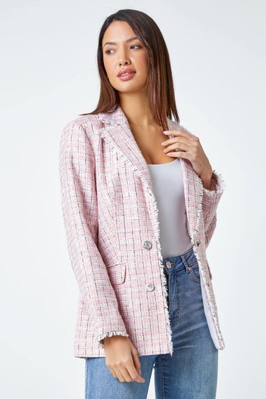 Roman Pink Frayed Edge Boucle Check Jacket