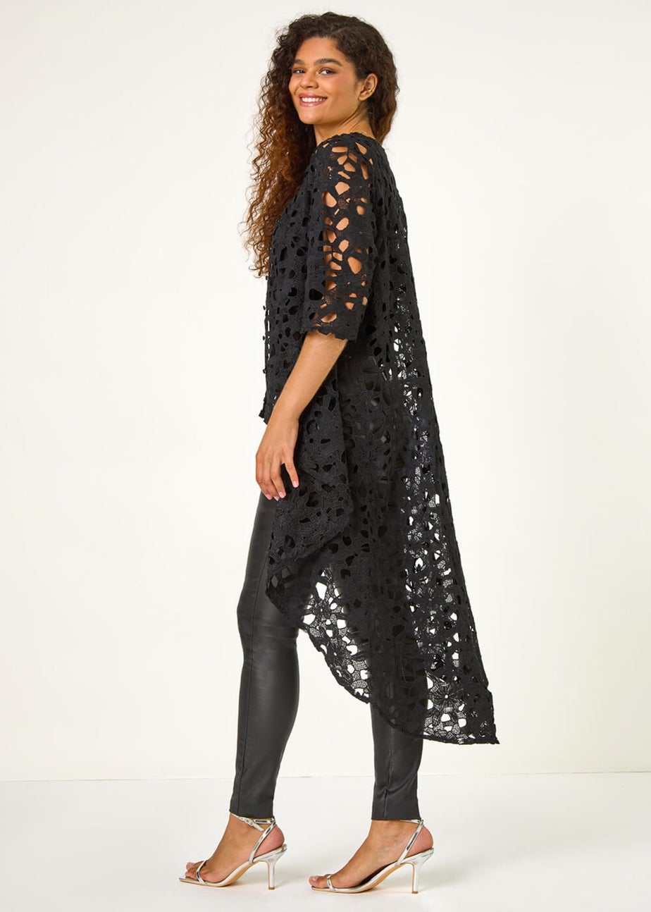 Roman Black Lace Detail HighLow Hem Button Blouse