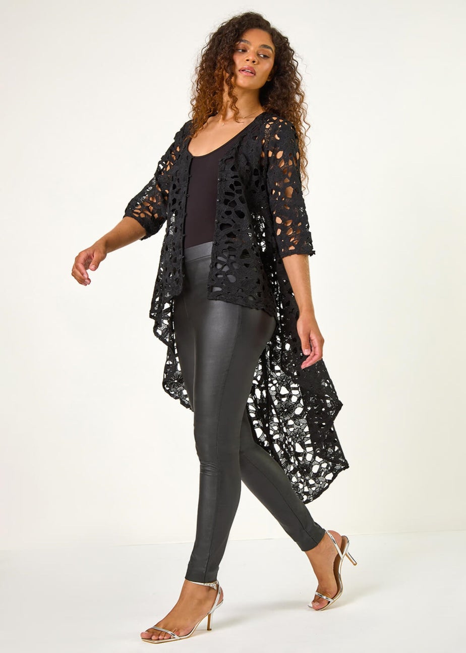 Roman Black Lace Detail HighLow Hem Button Blouse