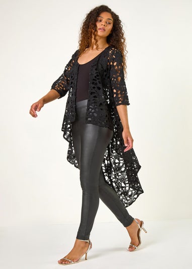 Roman Black Lace Detail HighLow Hem Button Blouse
