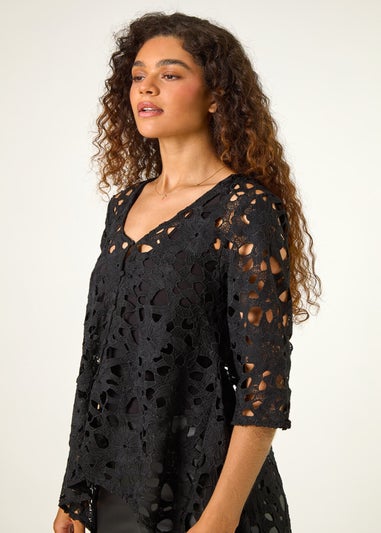 Roman Black Lace Detail HighLow Hem Button Blouse