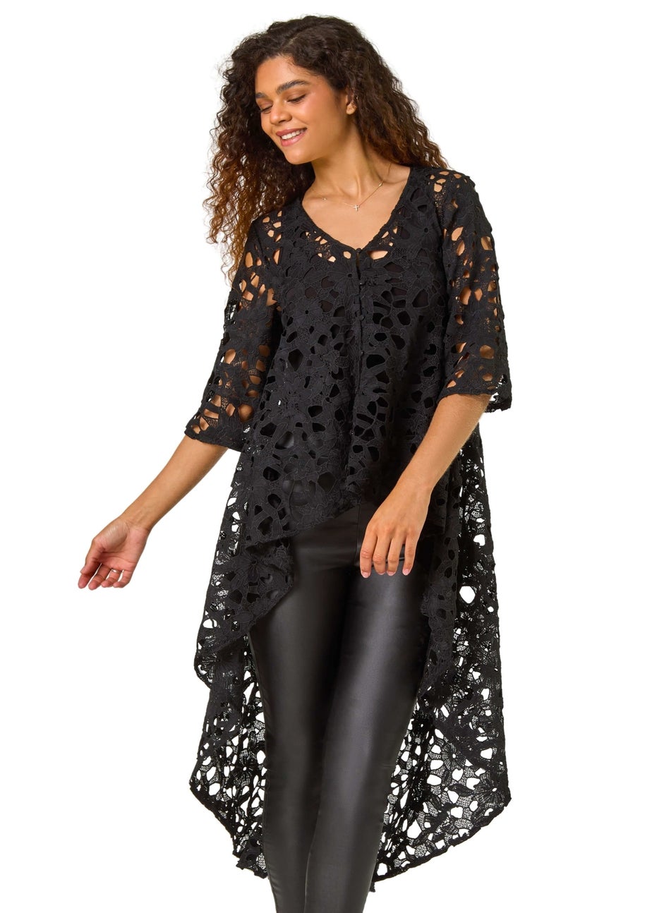 Roman Black Lace Detail HighLow Hem Button Blouse