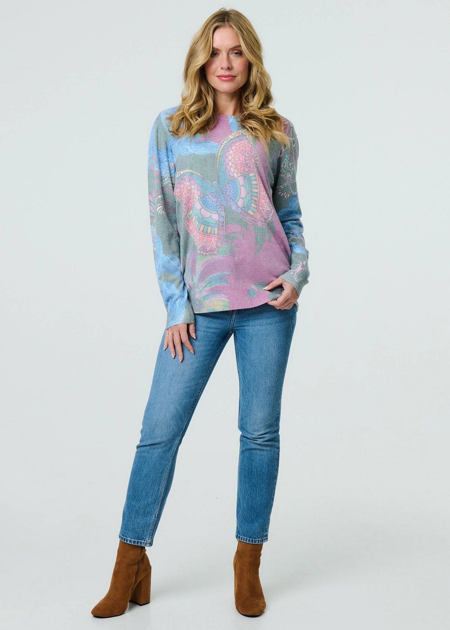 Izabel London Blue Abstract Print Stud Detail Knit Top