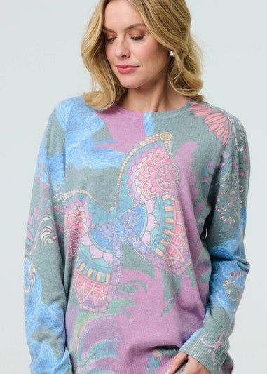 Izabel London Blue Abstract Print Stud Detail Knit Top