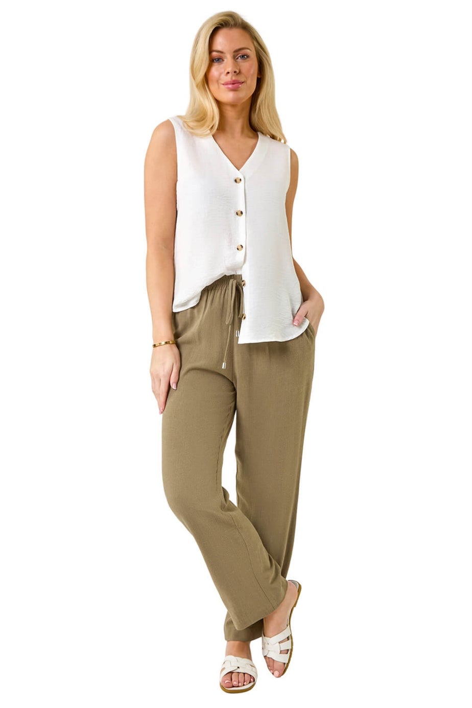 Roman Khaki Petite Linen Mix Trousers