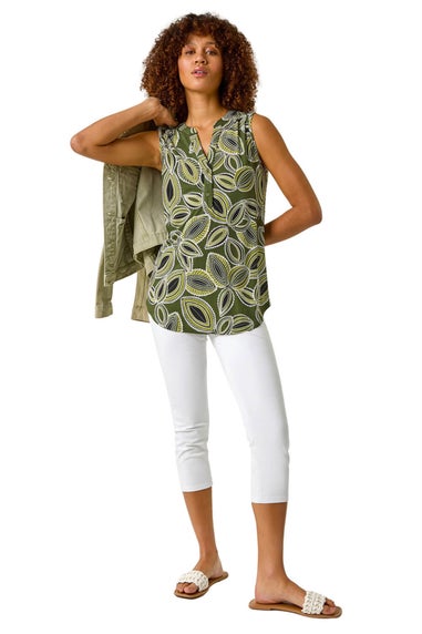 Roman Khaki Textured Leaf Print Vest Top