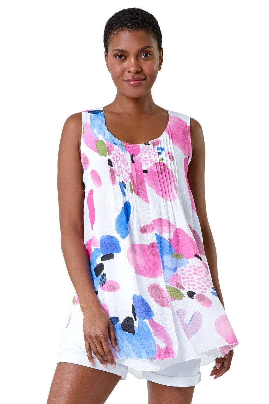 Roman Pink Abstract Print Pintuck Overlay Vest Top