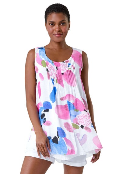 Roman Pink Abstract Print Pintuck Overlay Vest Top