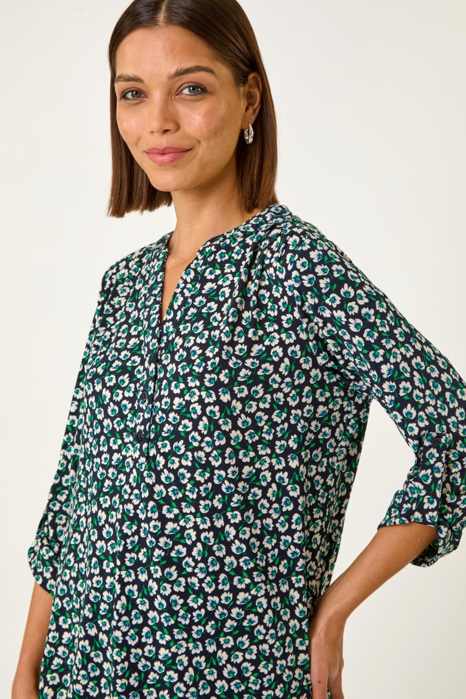 Roman Navy Floral Print 3 Button Shirt