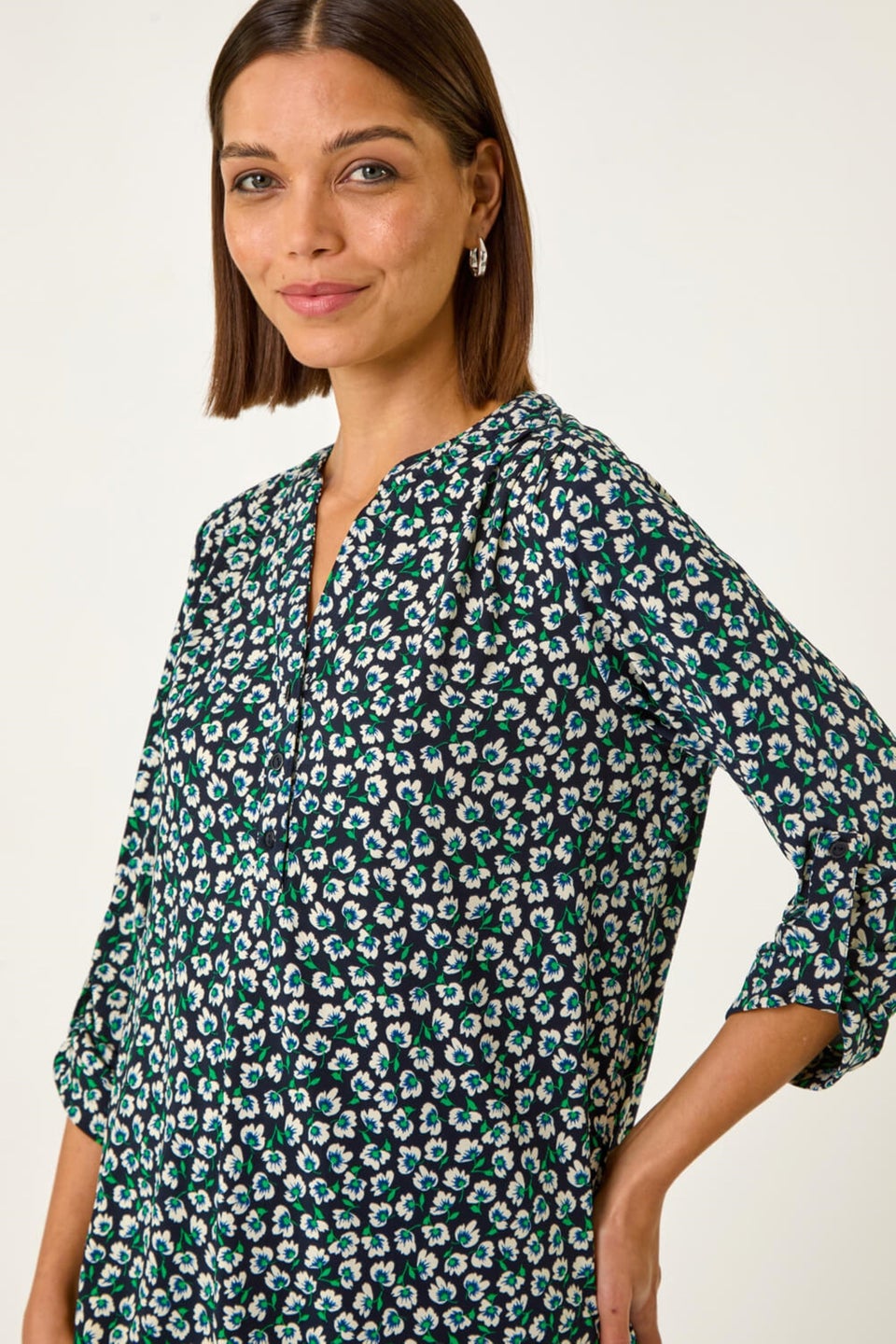 Roman Navy Floral Print 3 Button Shirt