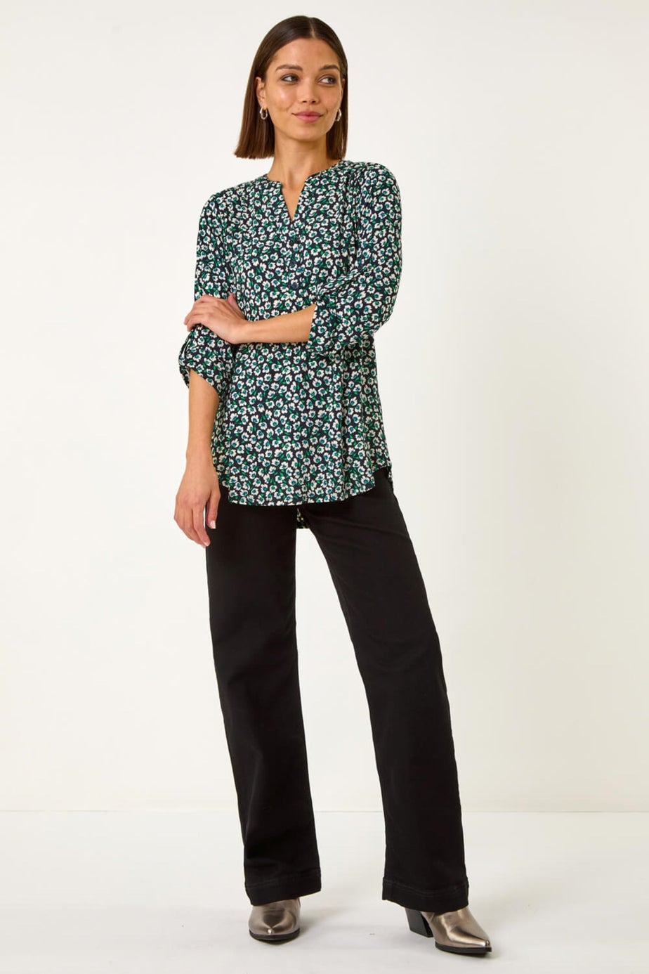 Roman Navy Floral Print 3 Button Shirt