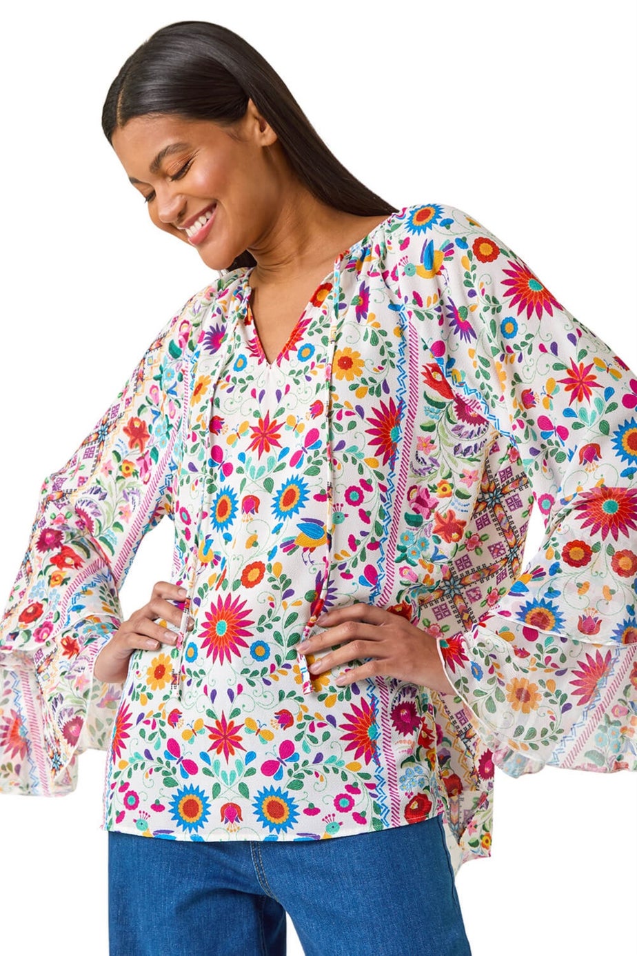 Roman Pink Tie Front Floral Print Top