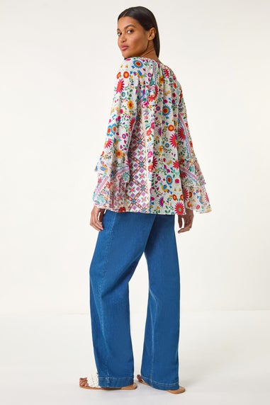 Roman Pink Tie Front Floral Print Top