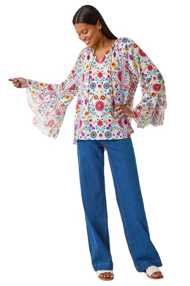 Roman Pink Tie Front Floral Print Top