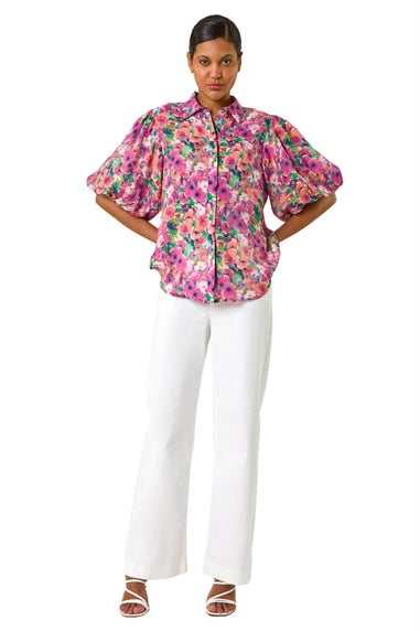 Roman Pink Floral Print Button Through Shirt