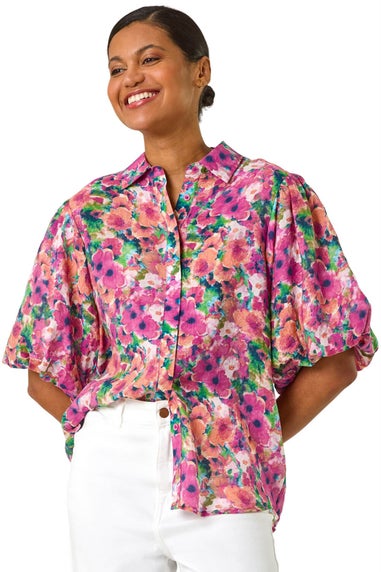Roman Pink Floral Print Button Through Shirt