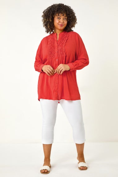 Roman Red Curve Lace Trim Pintuck Blouse