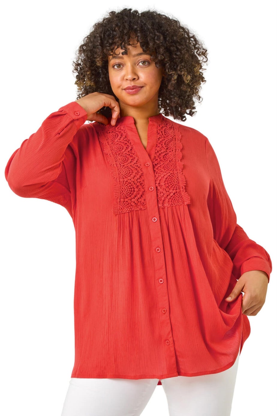 Roman Red Curve Lace Trim Pintuck Blouse