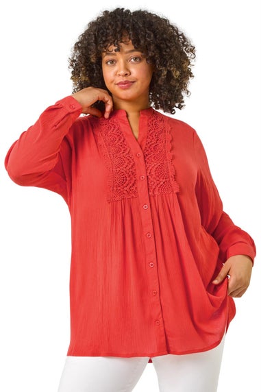 Roman Red Curve Lace Trim Pintuck Blouse