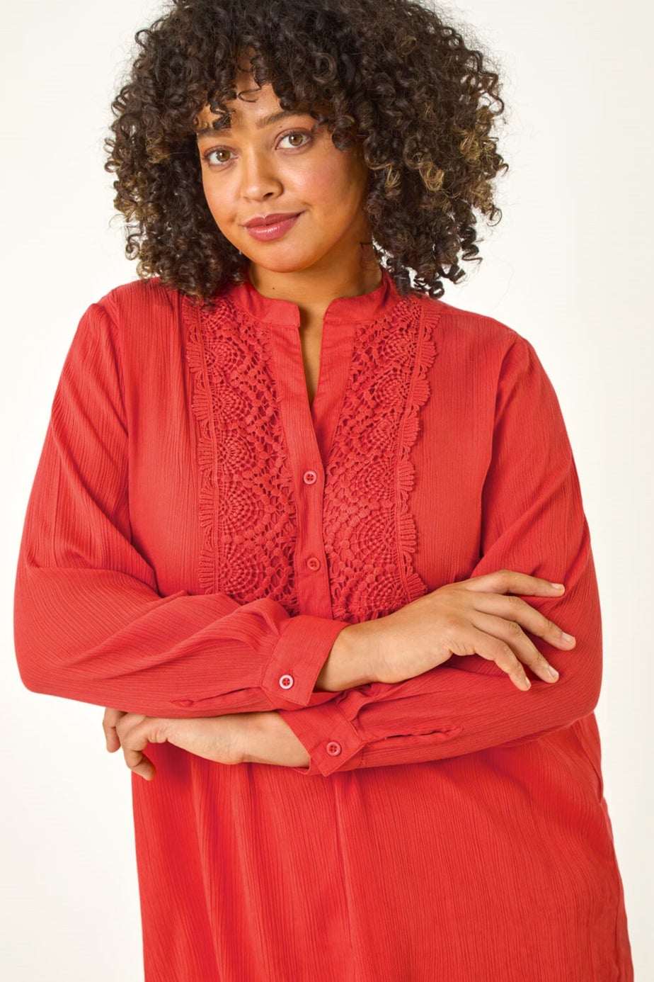 Roman Red Curve Lace Trim Pintuck Blouse