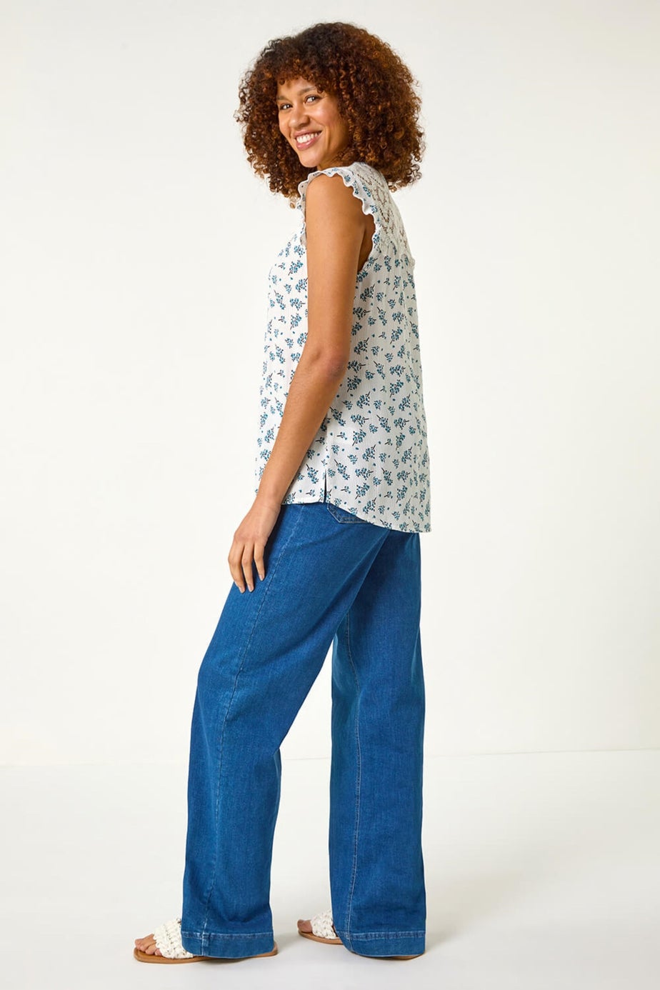 Roman Blue Floral Print Lace Yoke Blouse