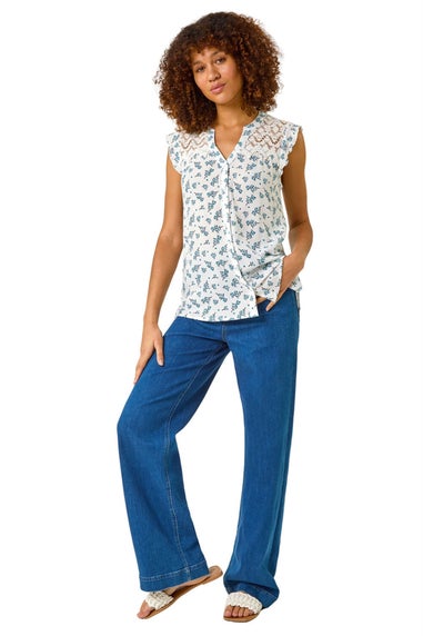 Roman Blue Floral Print Lace Yoke Blouse