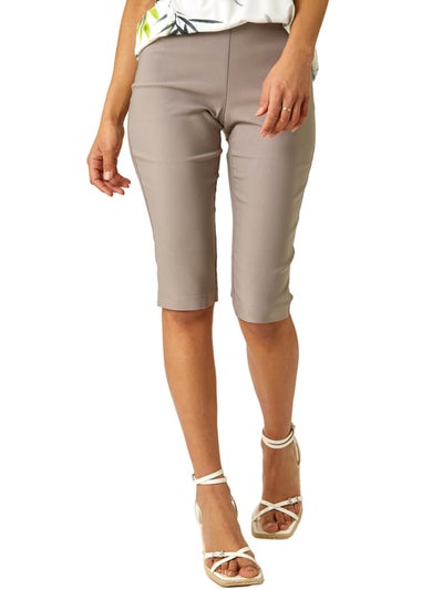Roman Taupe Elastic Waist Knee Length Stretch Shorts