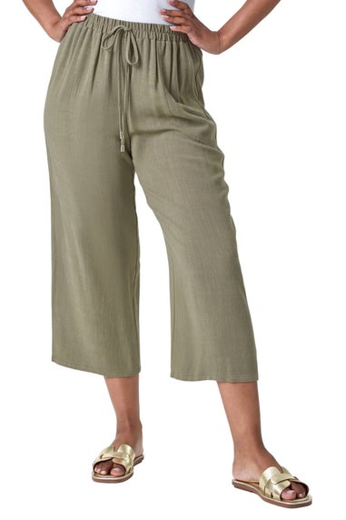 Roman Khaki Petite Linen Mix Wide Cropped Trousers