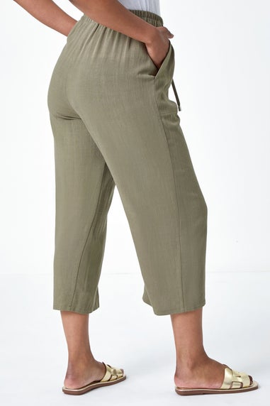 Roman Khaki Petite Linen Mix Wide Cropped Trousers