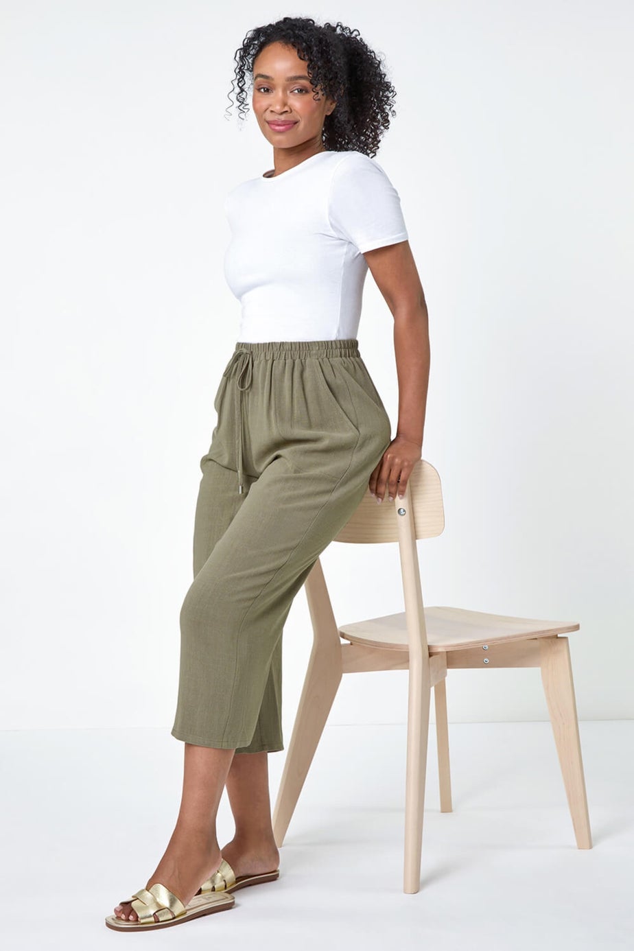 Roman Khaki Petite Linen Mix Wide Cropped Trousers