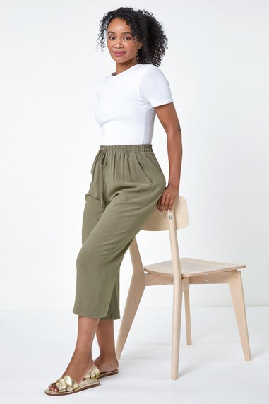 Roman Khaki Petite Linen Mix Wide Cropped Trousers