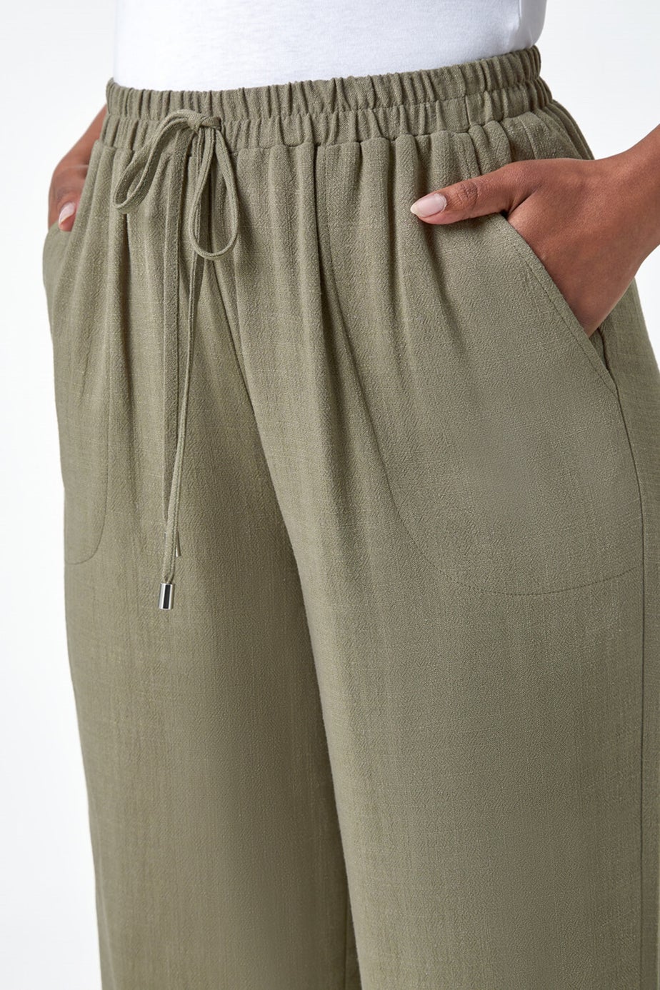 Roman Khaki Petite Linen Mix Wide Cropped Trousers