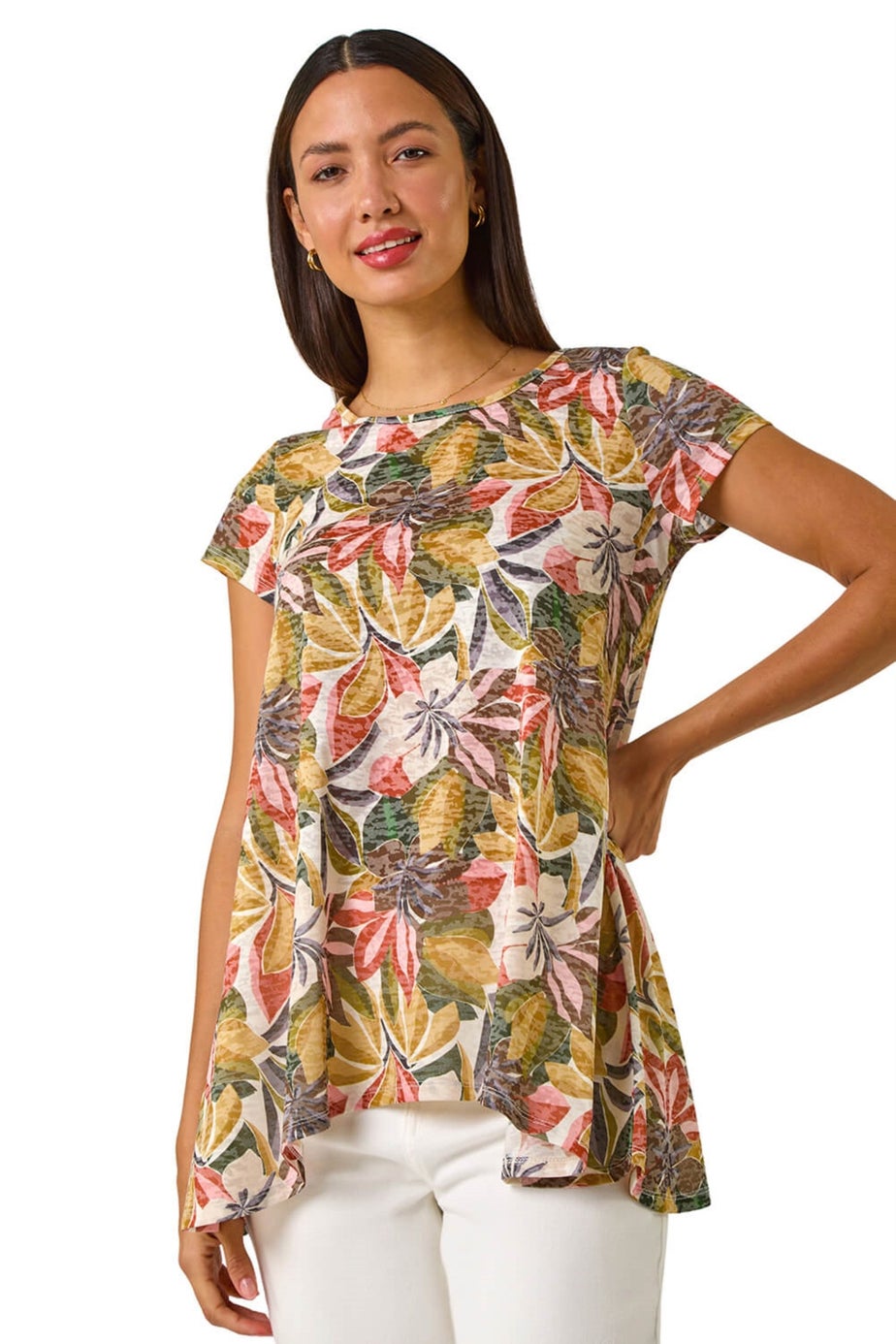 Roman Green Floral Print Hanky Hem Tunic Top