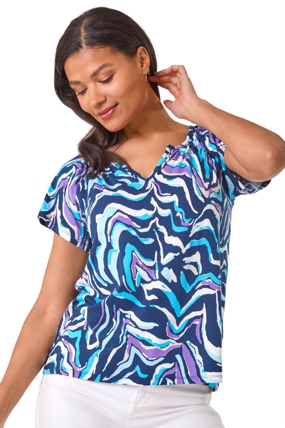 Roman Blue Abstract Print Stretch Tunic Top