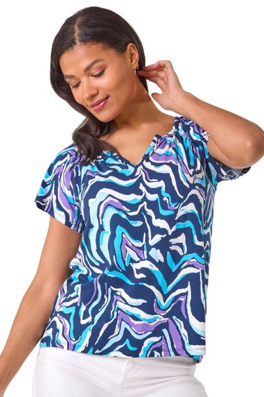 Roman Blue Abstract Print Stretch Tunic Top
