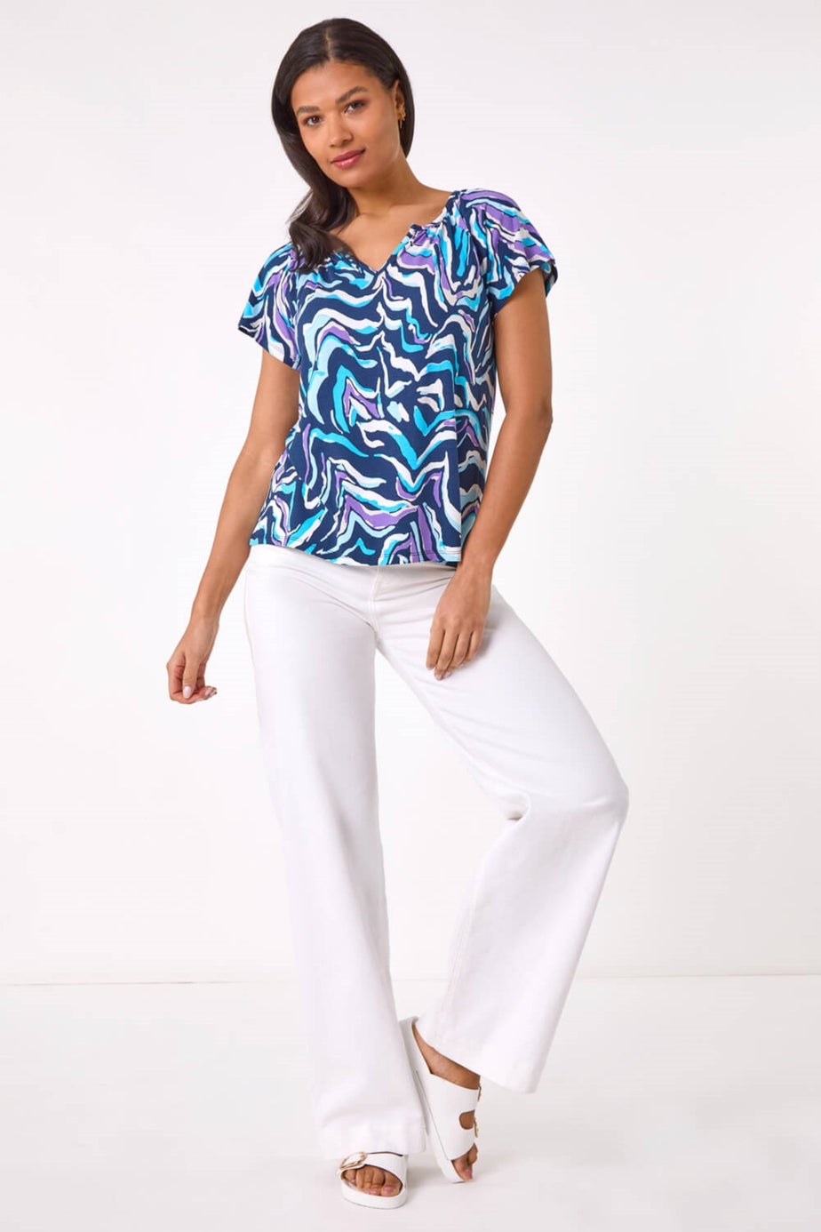 Roman Blue Abstract Print Stretch Tunic Top