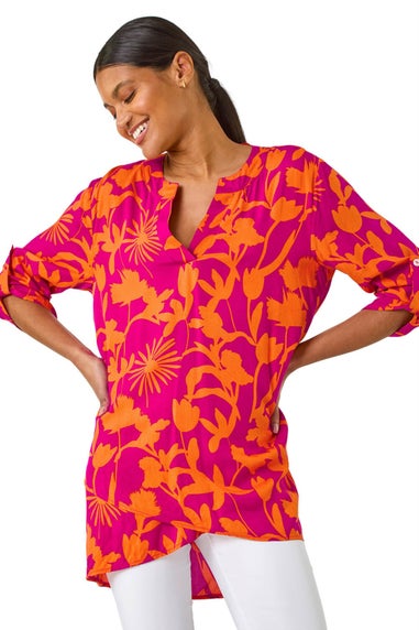 Roman Fuchsia Floral Wrap Hem Tunic Top
