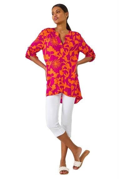 Roman Fuchsia Floral Wrap Hem Tunic Top