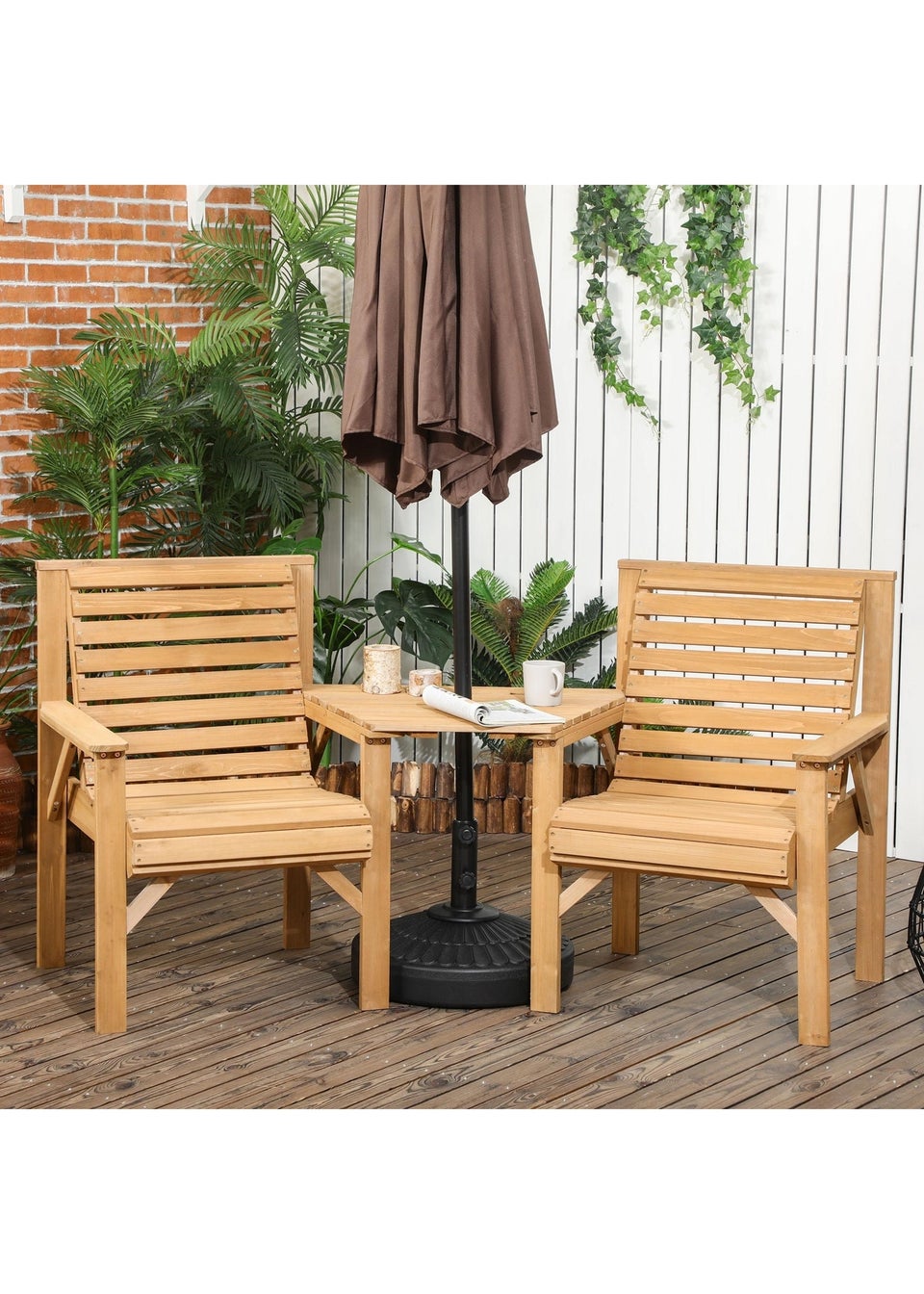 Outsunny Wooden Garden Love Seat with Coffee Table Umbrella Hole Partner Bench
