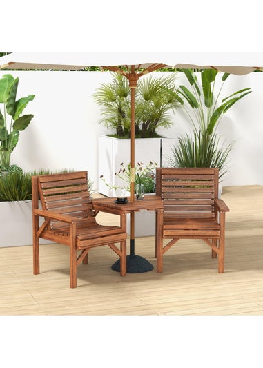 Outsunny Wooden Garden Love Seat with Coffee Table Umbrella Partner Bench