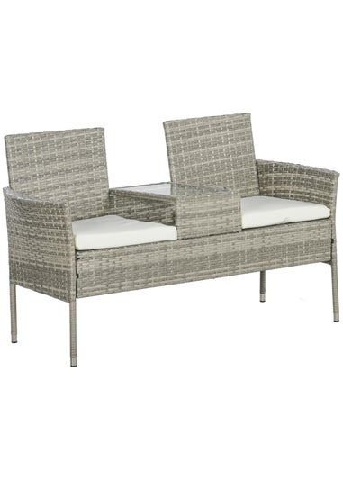 Outsunny Rattan Garden Bench Glass Tea Table Wicker Chair with Cushions