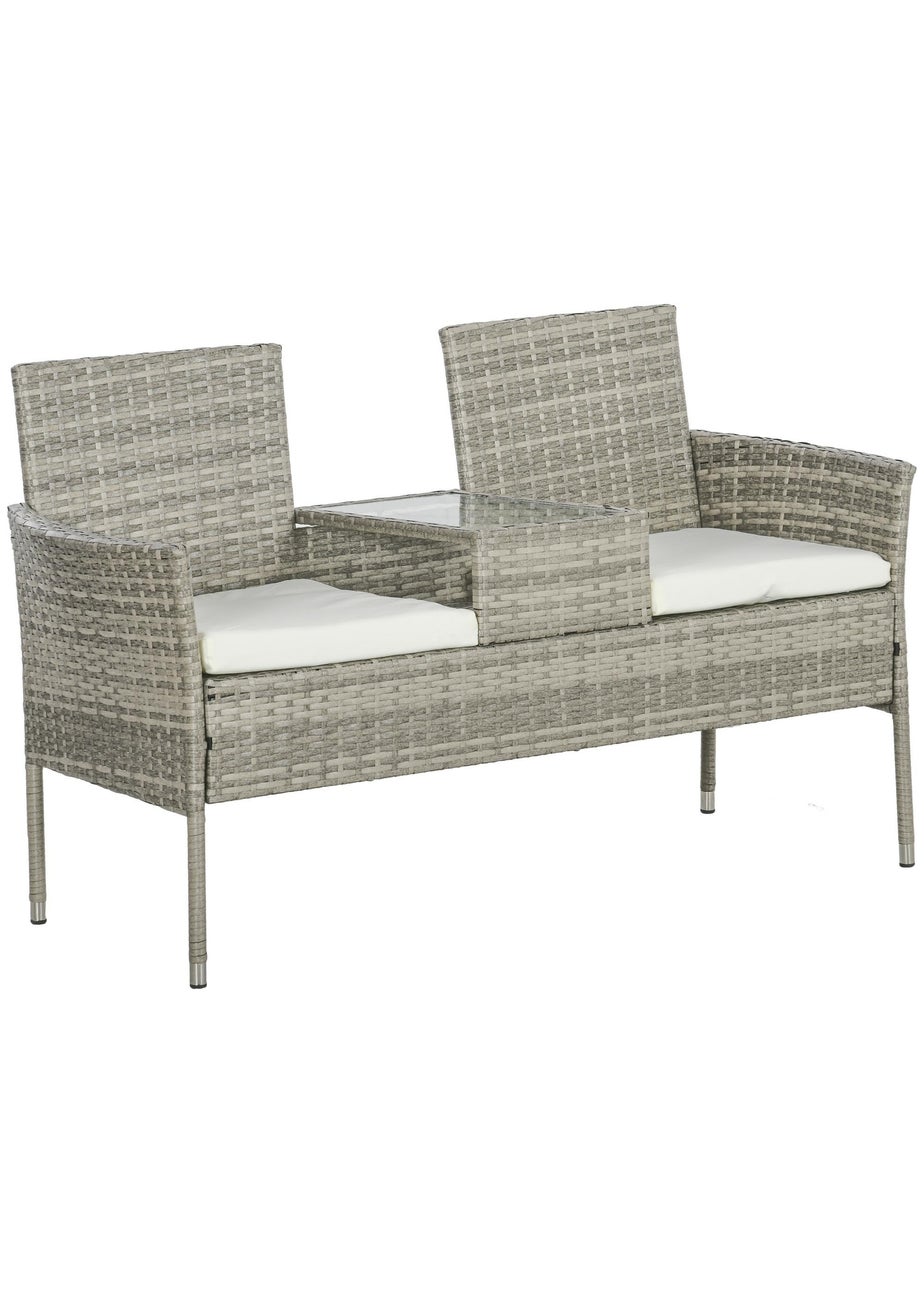 Outsunny Rattan Garden Bench Glass Tea Table Wicker Chair with Cushions